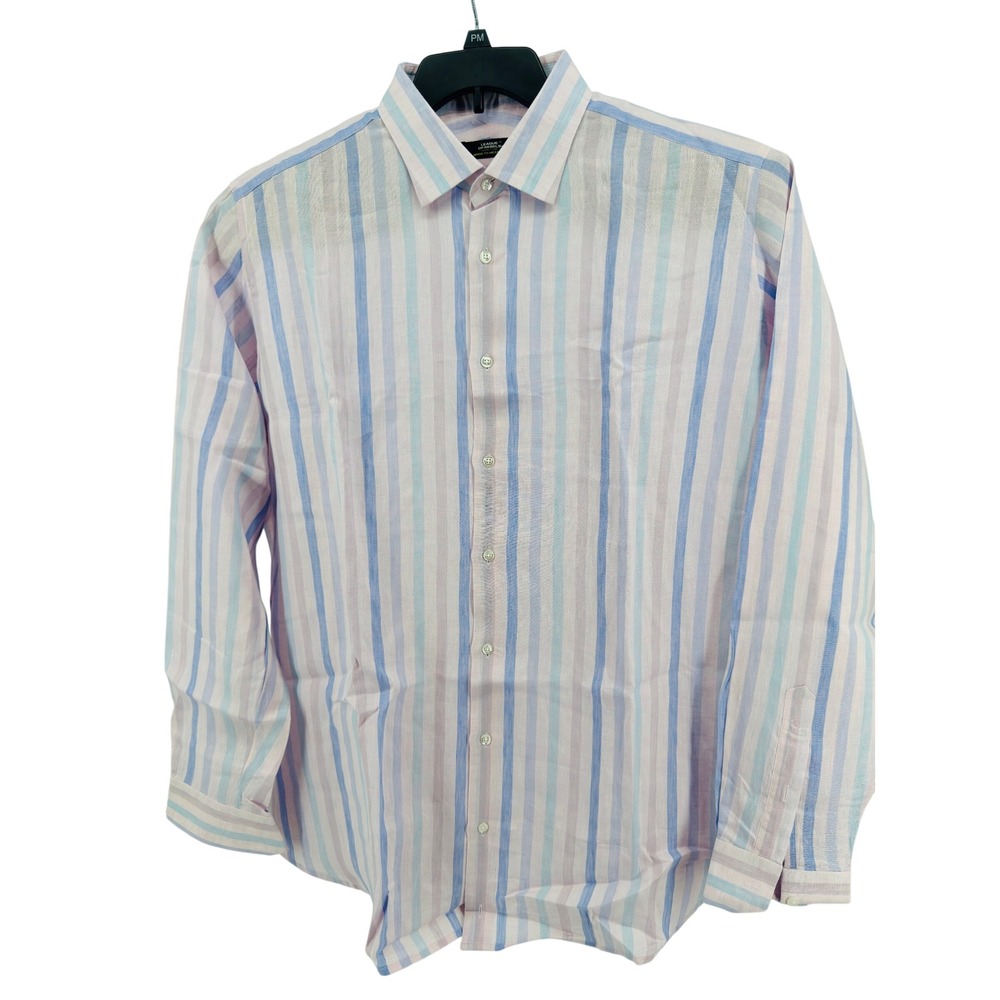 League of Rebels Striped Shirt Men XL Pink‎ Pastel Linen Blend Coastal Summer